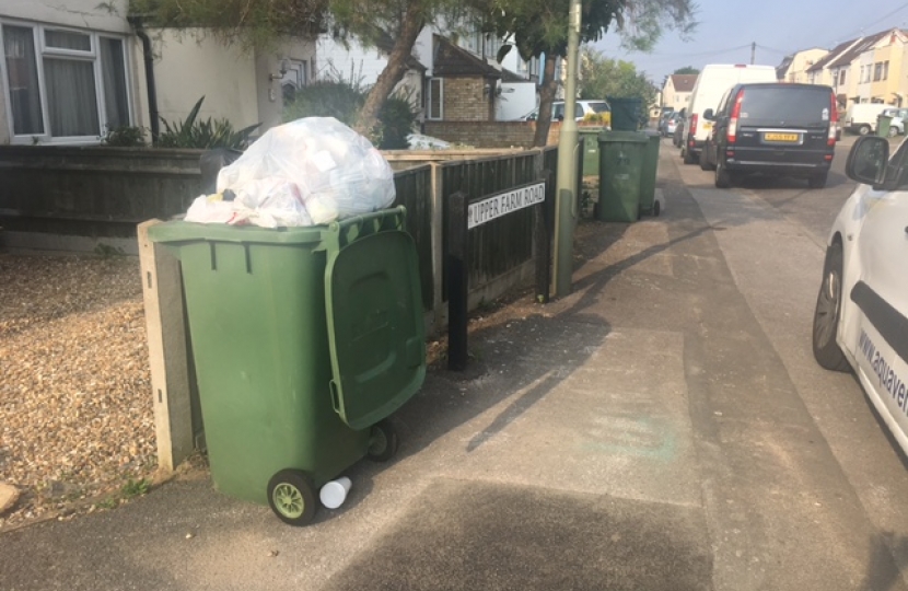 An overflowing bin in Upper Farm Road, West Molesey